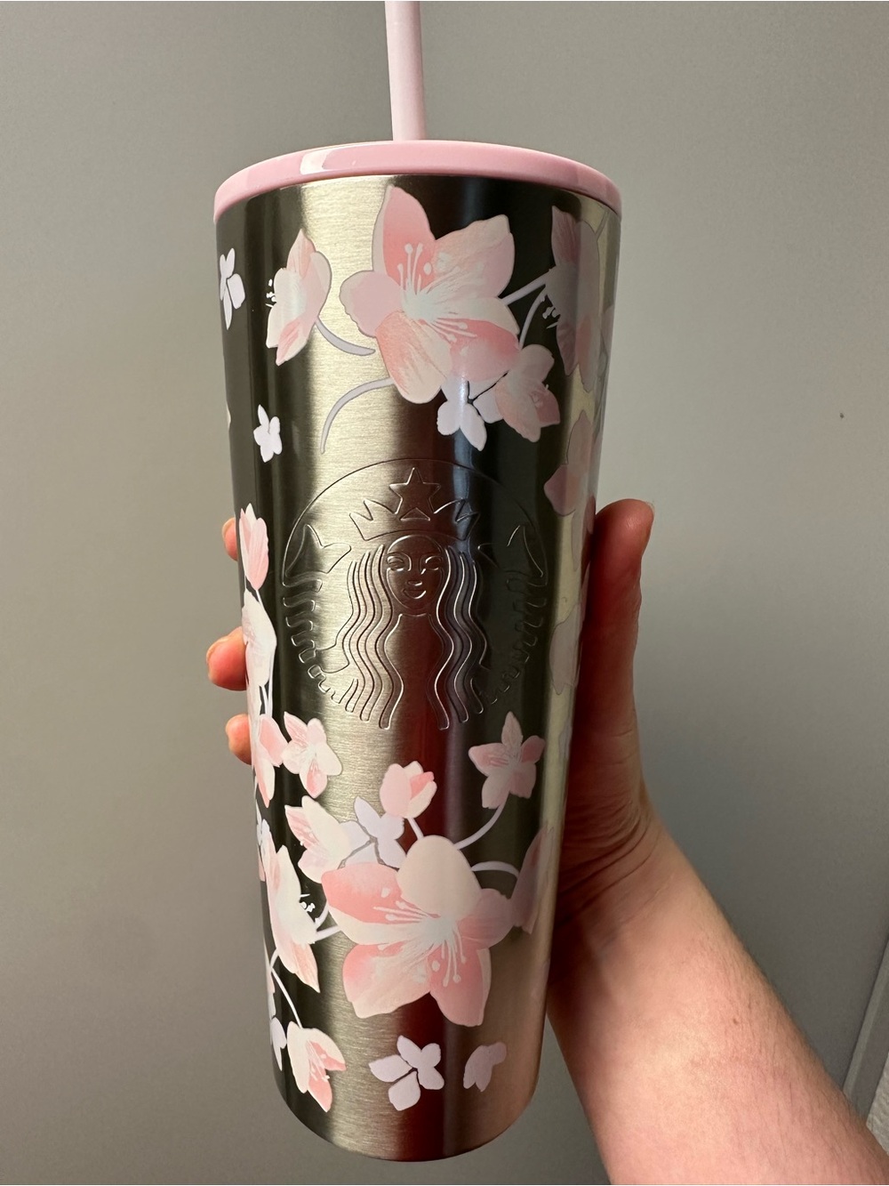 Starbucks Stainless Steel Tumbler with Pink Cherry Blossom Design
